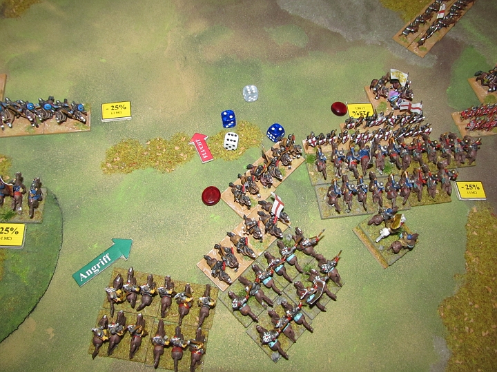 IMG_8065.JPG - Auf der anderen Seite fallen nun die Lanzen den Rittern in die Flanke, diese fallen auf fragmented, und nach dem impact flüchten sie.