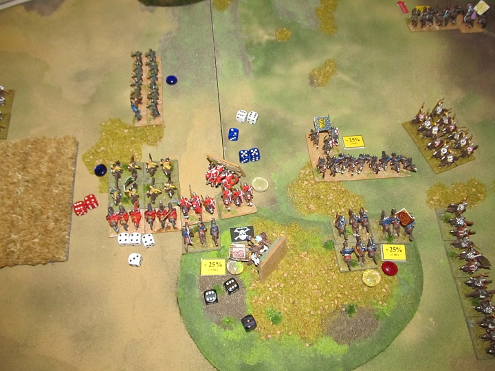 IMG_8070.JPG - Generalsgemetzel. Sowohl der General der Kreuzfahrer als auch der Sultan fallen! (beide 12er) Die Mameluken brechen sowieso, und die Turkomanen links sind bereits weg. Ahja, auch zu sehen: die zweiote BG mameluken wurde mittlerweile auf fragmented geschossen.