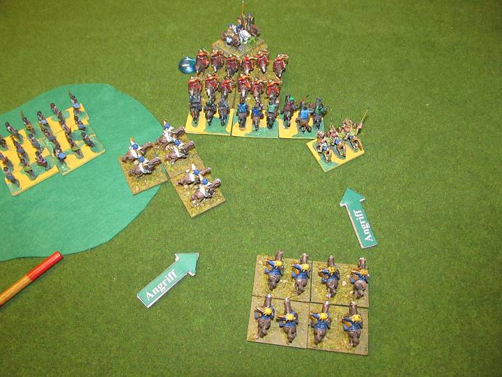 IMG_9640.JPG - Die Vorgeschichte: Die Seleukiden haben den CMT nicht geschafft, mußten angreifen, und wurden in den Rücken intercepted. Sie verloren dann eine Base. Warum sie nicht noch immer vom intercept disrupted sind, ist mir nicht klar, denn nun folgt der Gegenangriff der LH zum Sandwich. Da fällt die Moral ja nicht, aber vorher hätte sie um eins runter müssen.