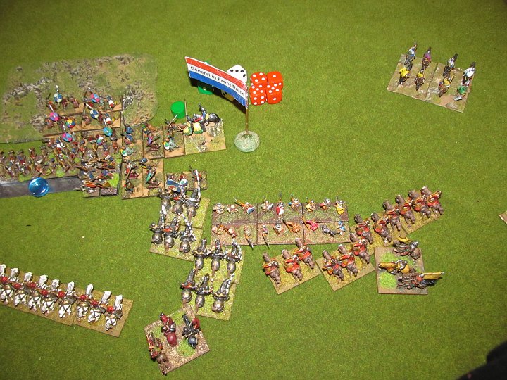 IMG_4538.JPG - The knights charge the flank of the MF fighting the spears, and the other MF together with the Szeklers. Should work. Should... No- it must! (no pictures from the impact, I think nothing happended)